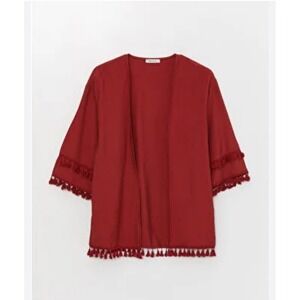 Valentina Naldi Made in Italy Linen Kimono Wrap Terracotta Crochet Lace Fringe